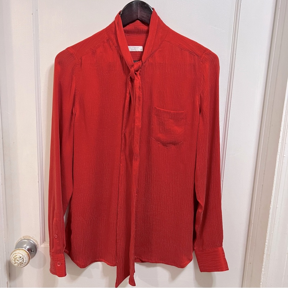 Equipment Red Orange Silk Button Down Tie Nevk Shirt Medium
